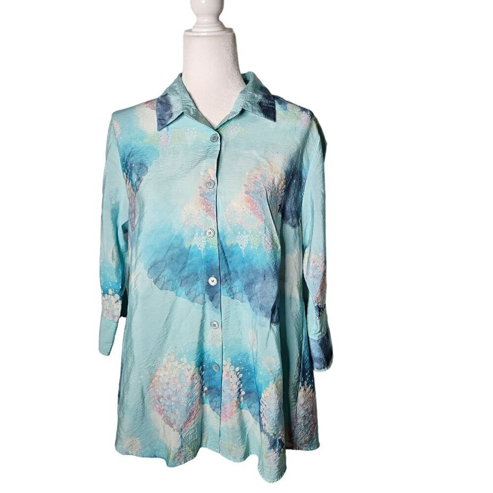 Shana Size Medium Fairy Tale Trees Button Up Aqua Blue Long Sleeve Coastal Shirt